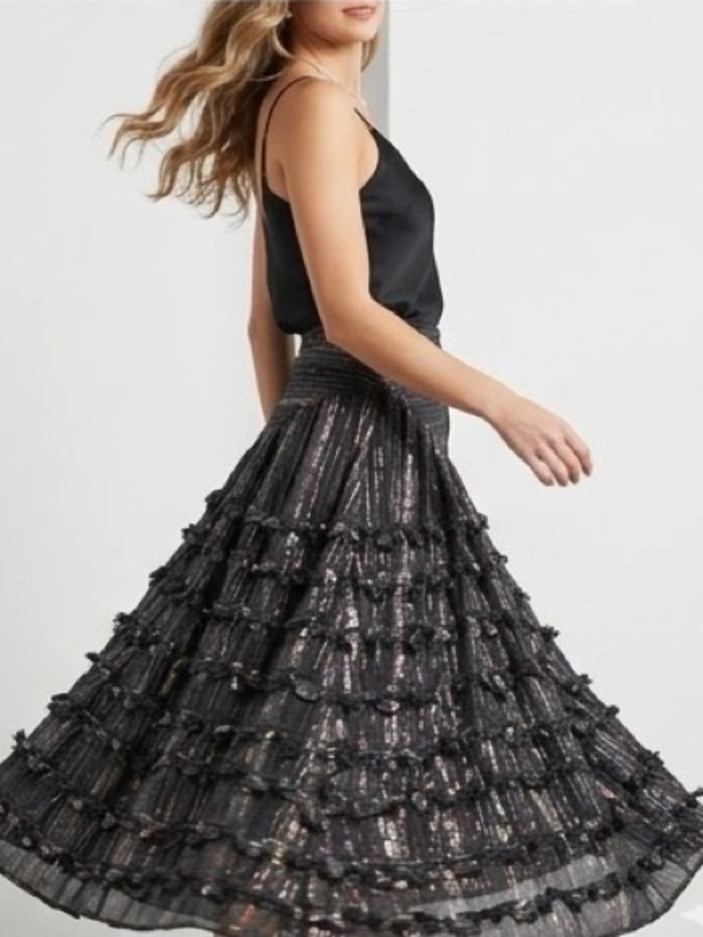 Paula Sweet Muslin Mink Fringe Shimmery Black Maxi Skirt M